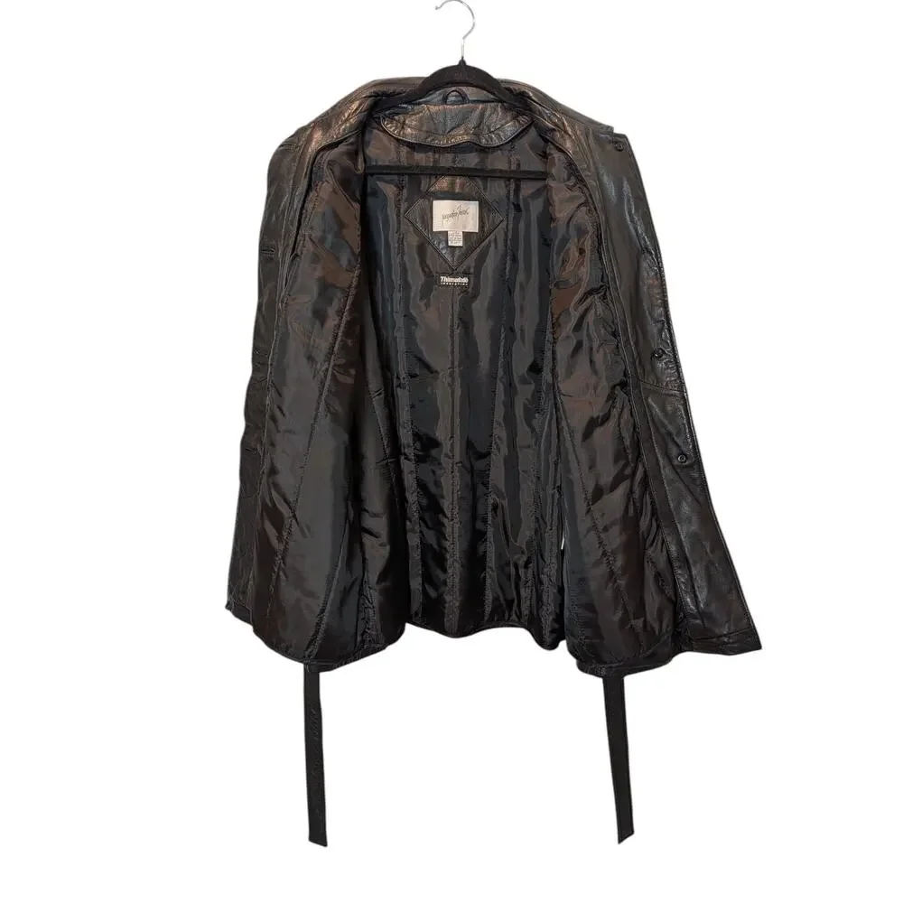 Vintage Jacqueline Ferrar Women's Sz XL Black Leather Trench Coat Zip Out Lining